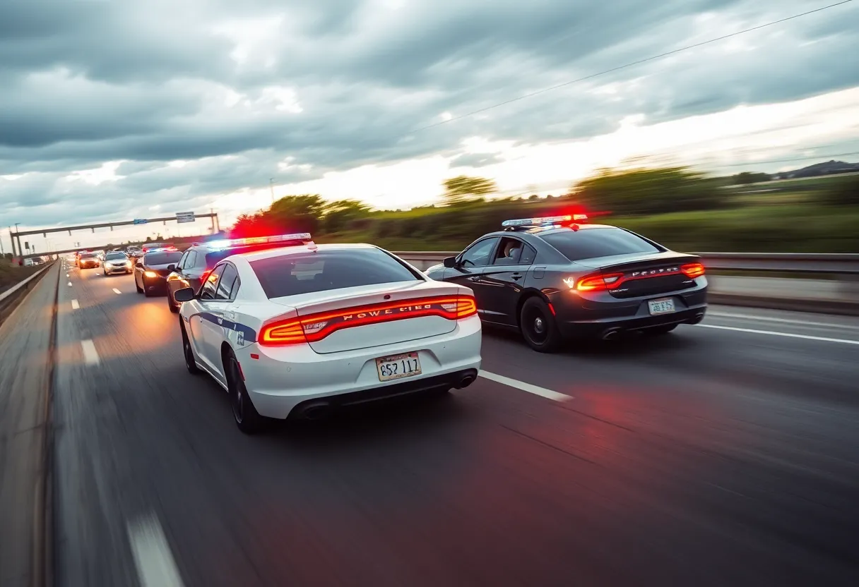Police cars engaged in a high-speed chase on a highway