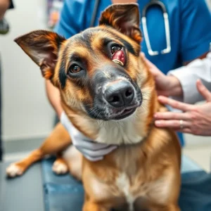 Injured Rottweiler receiving veterinary care for a bullet wound.