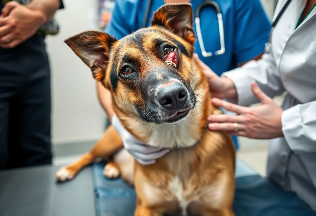 Injured Rottweiler receiving veterinary care for a bullet wound.