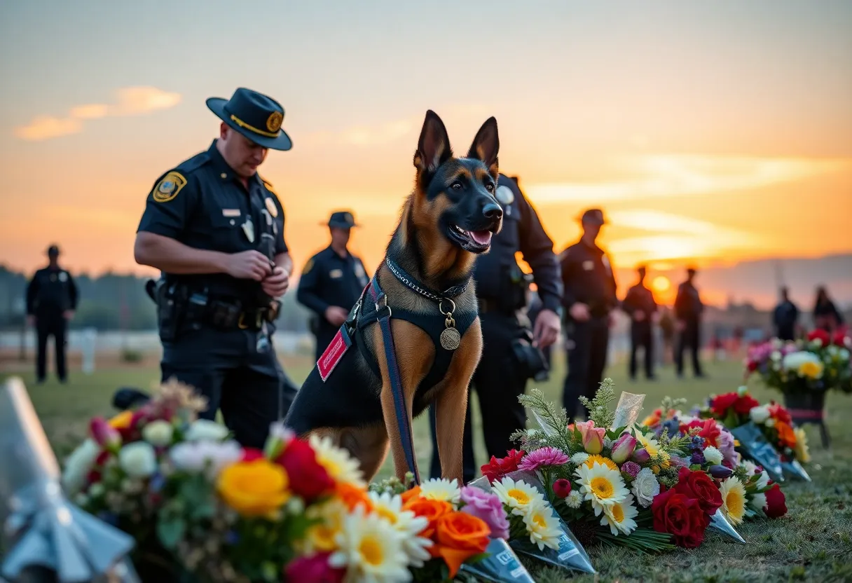 Memorial for K9 Diesel with flowers and police officers