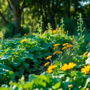 A vibrant garden full of vegetables and flowers symbolizing community service.