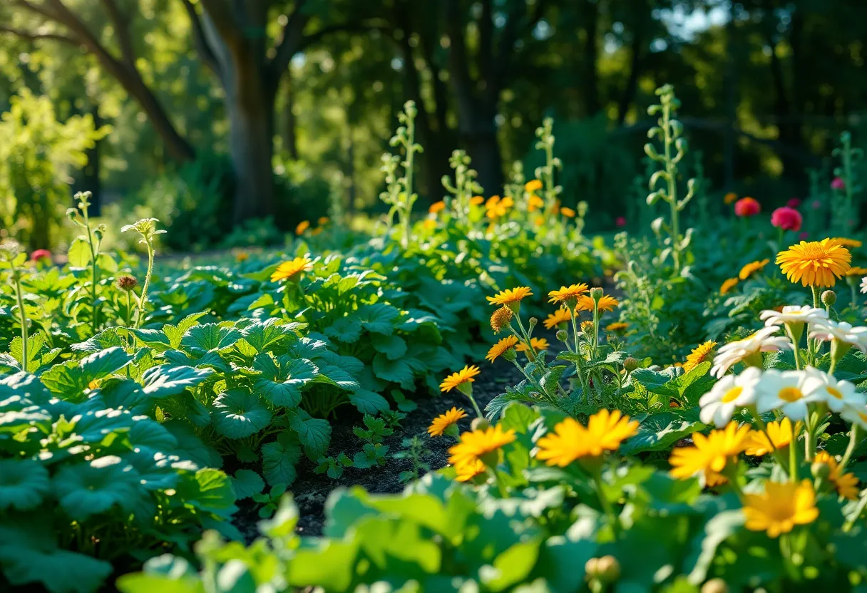 A vibrant garden full of vegetables and flowers symbolizing community service.