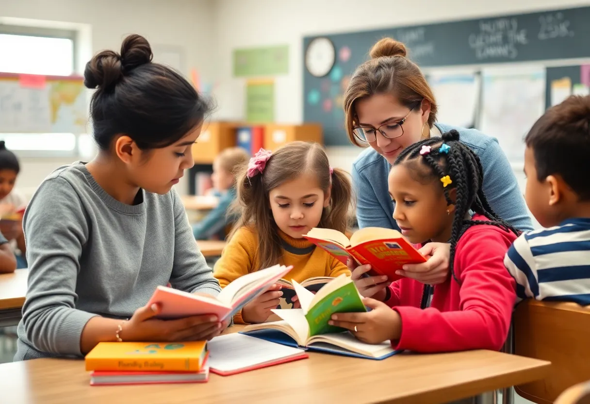 Tutors working with students in a literacy tutoring session.