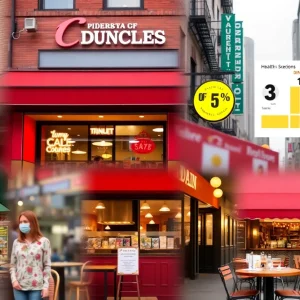 A vibrant collage of local restaurants showcasing health inspection scores.