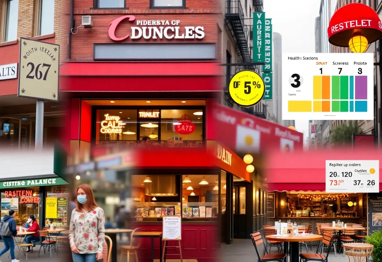 A vibrant collage of local restaurants showcasing health inspection scores.