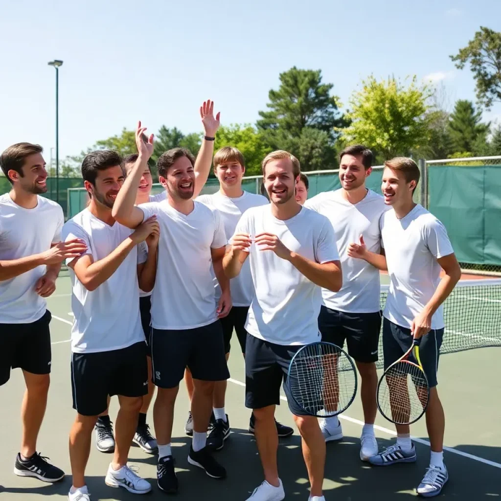 Middle Tennessee men's tennis team celebrating a match victory