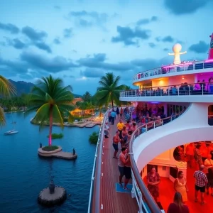 Cruise ship at night with festival lights