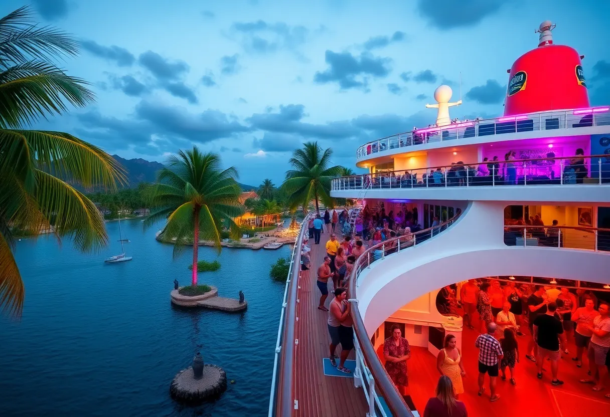 Cruise ship at night with festival lights