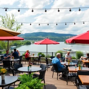 Outdoor dining patio with river view in Chattanooga