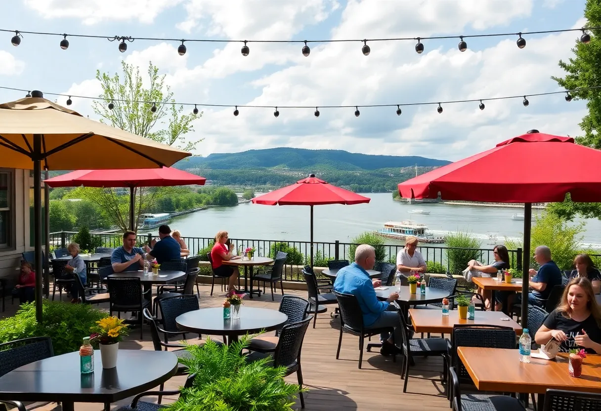 Outdoor dining patio with river view in Chattanooga