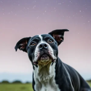 A small black and white pitbull mix in a peaceful natural setting