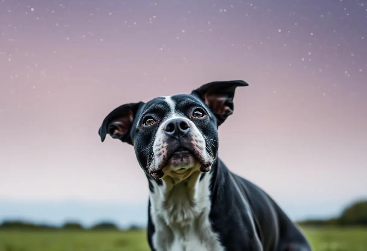 A small black and white pitbull mix in a peaceful natural setting