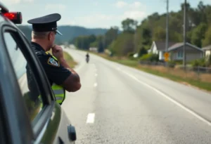 Police officer conducting a traffic stop in a rural area