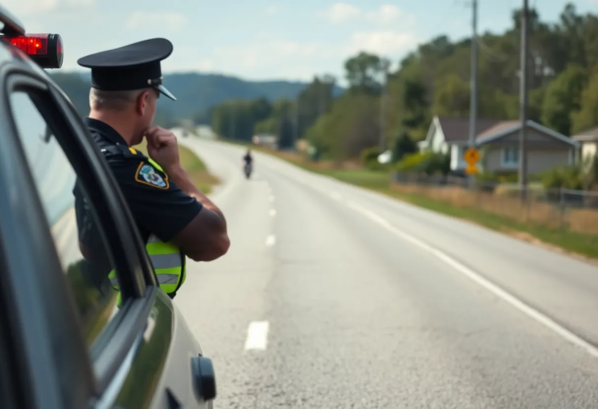 Police officer conducting a traffic stop in a rural area