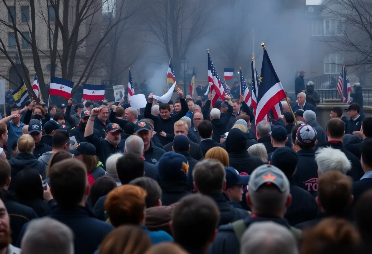 Crowd at a political rally with police presence