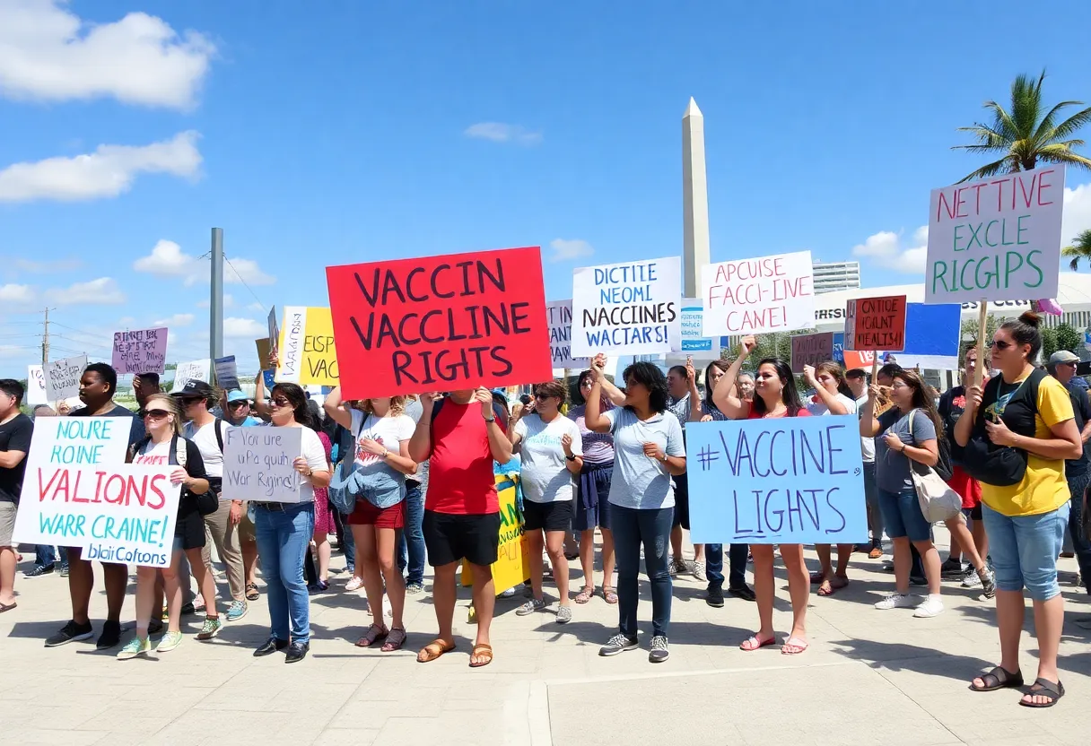 A rally advocating for vaccine rights in Florida with diverse participants.