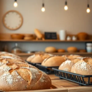 Fresh sourdough loaves displayed in a cozy bakery