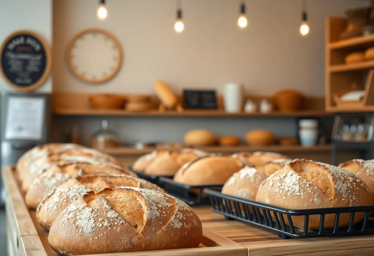 Fresh sourdough loaves displayed in a cozy bakery