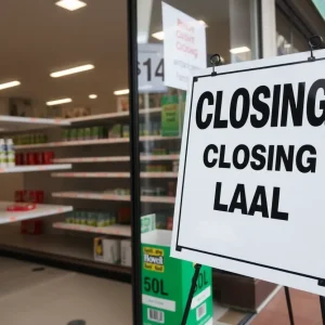 Sign announcing liquidation sale at Stockdale's Hixson store.