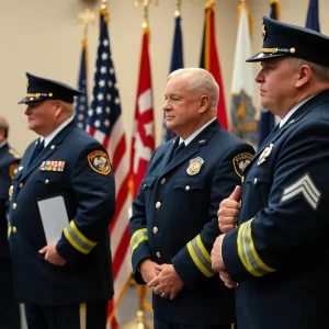 Ceremony honoring firefighters, displaying patriotic elements