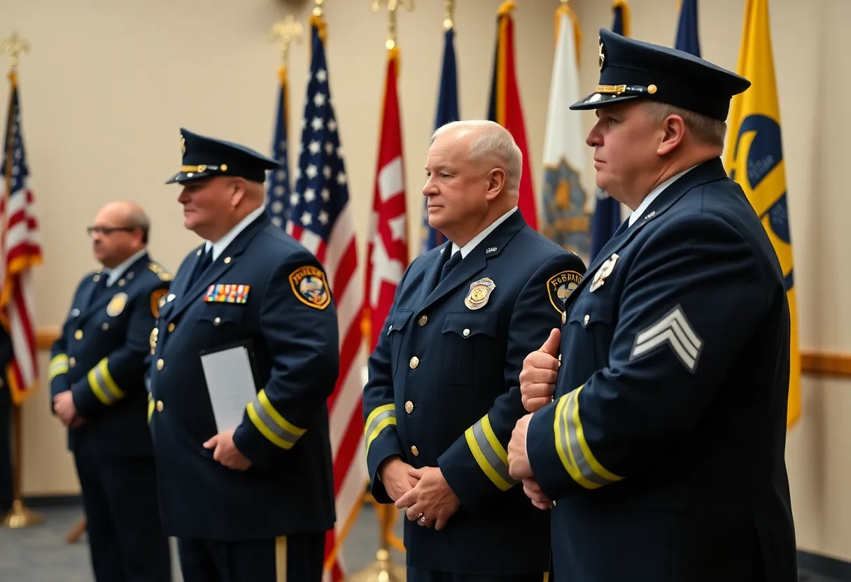 Ceremony honoring firefighters, displaying patriotic elements