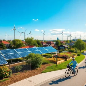 Cities implementing climate action plans with renewable energy and community engagement.