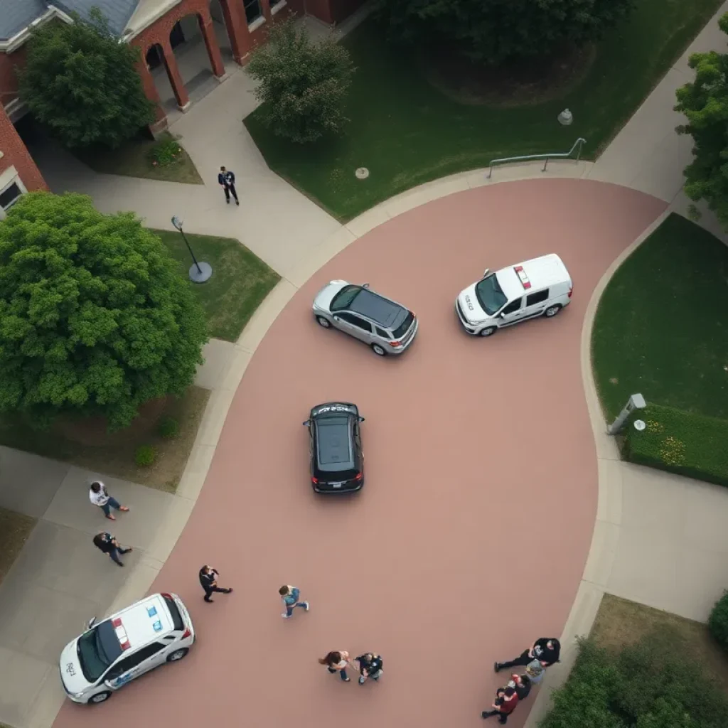 Aerial view of UTC campus with police presence during lockdown.