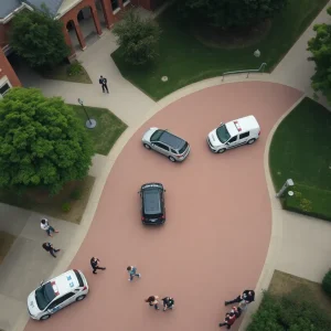 Aerial view of UTC campus with police presence during lockdown.