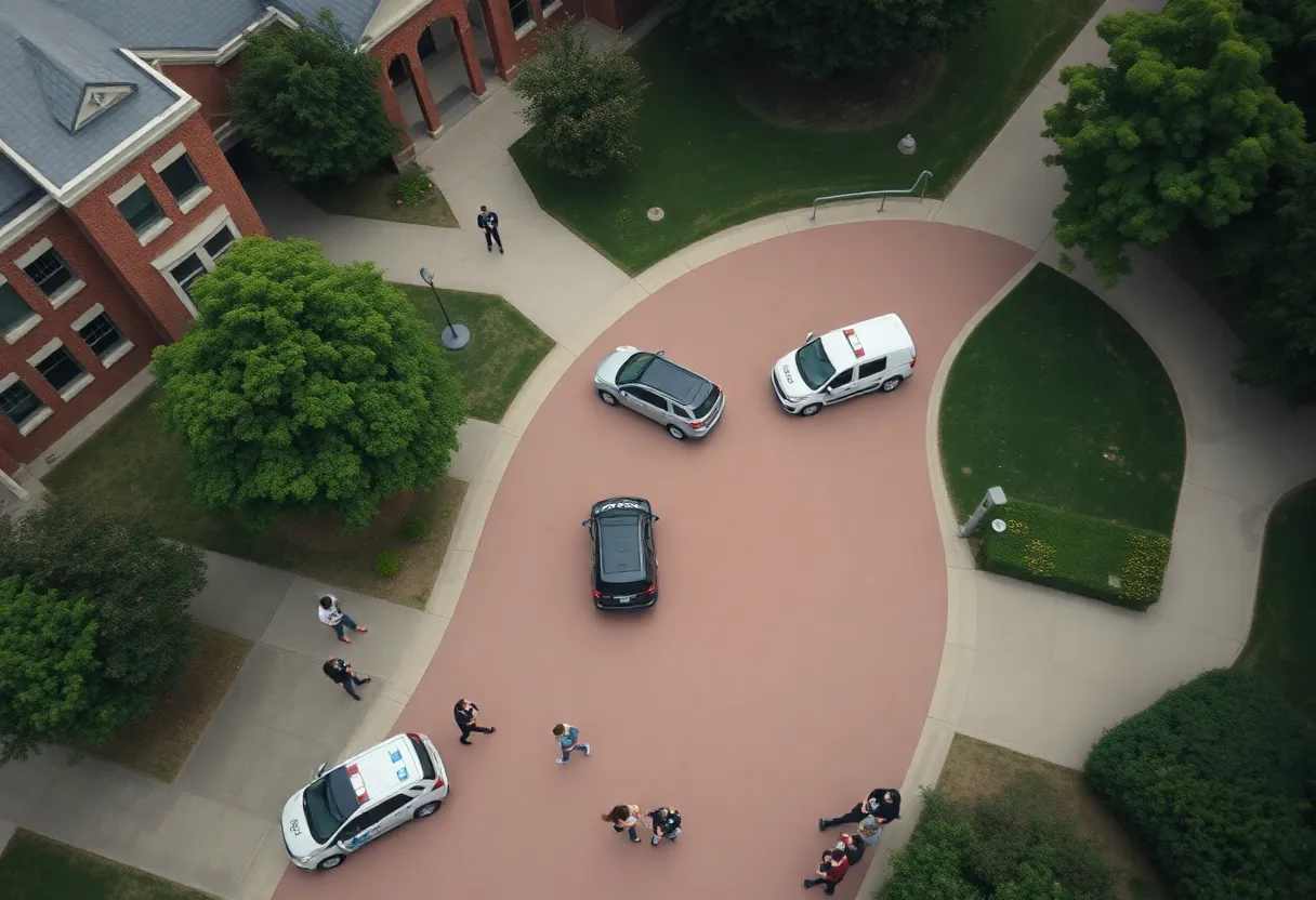 Aerial view of UTC campus with police presence during lockdown.