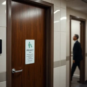 An abstract representation of surveillance in a workplace restroom