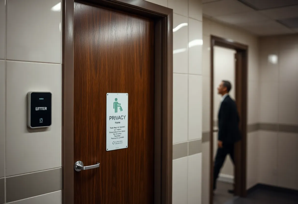 An abstract representation of surveillance in a workplace restroom