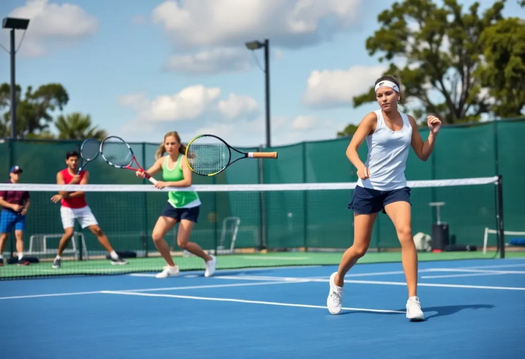 Action shot from a college tennis match at the UTC Steve Baras Invite.