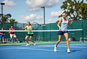 Action shot from a college tennis match at the UTC Steve Baras Invite.