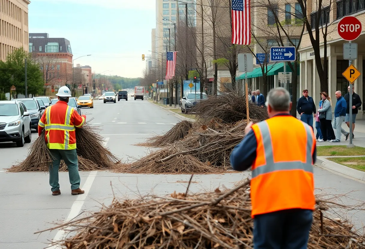 Brush piles on a street in Chattanooga being monitored by city workers.