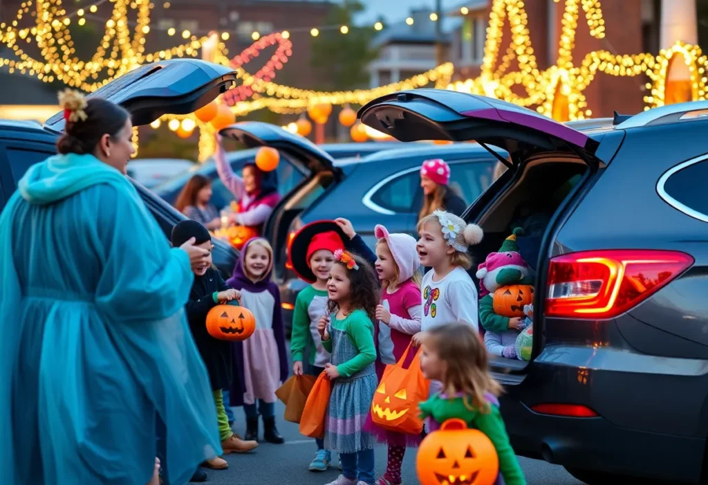 Families enjoying trunk or treat Halloween events in Chattanooga