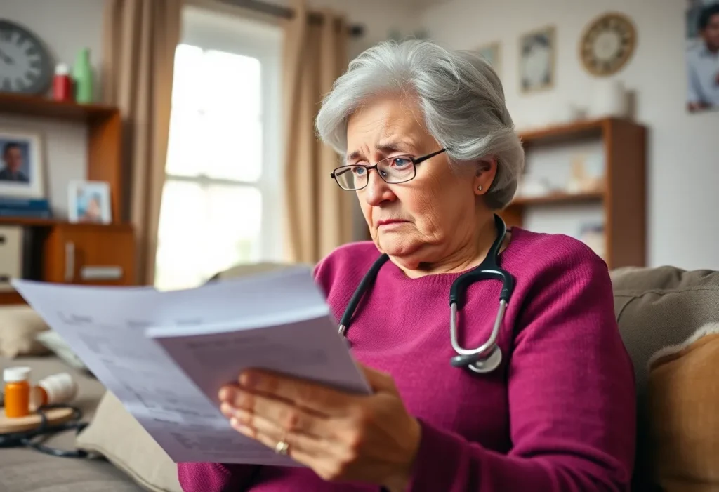 Concerned elderly woman reviewing health insurance documents