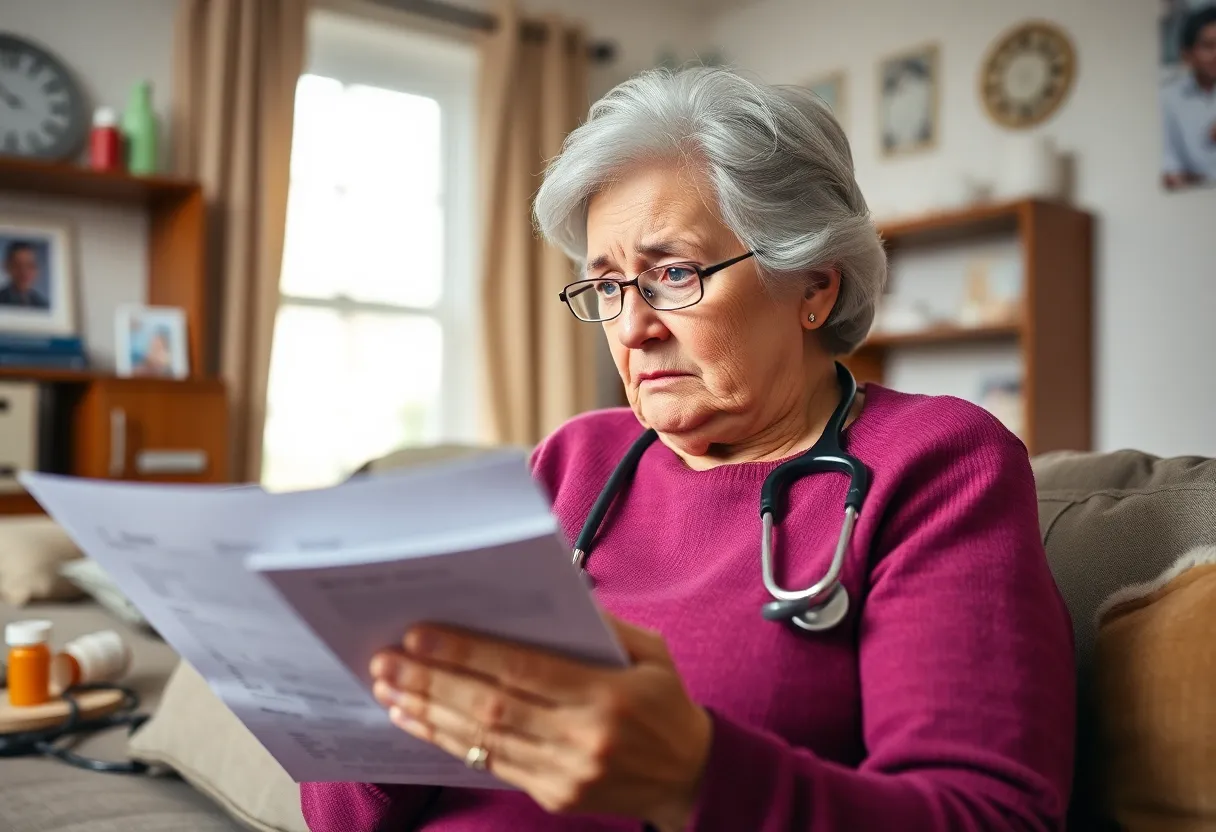 Concerned elderly woman reviewing health insurance documents