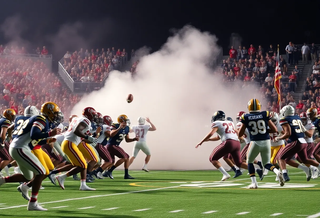 Chattanooga Mocs football team in action against Samford Bulldogs at Hanna Stadium.
