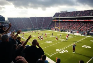 Chattanooga Mocs football game with fans cheering in the stadium