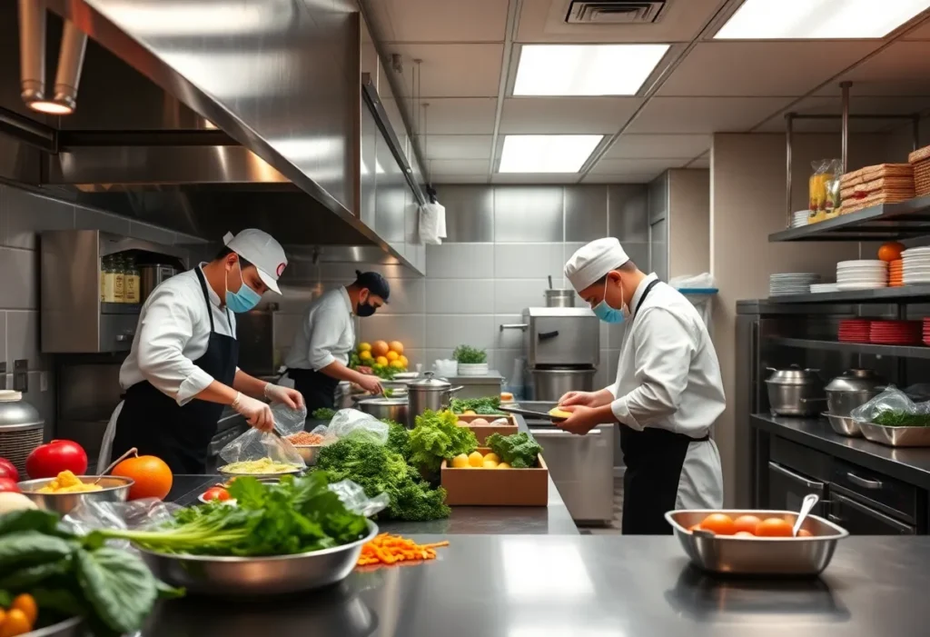 Clean restaurant kitchen with chefs preparing food safely