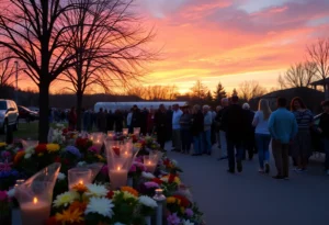 A memorial scene with flowers and community members in Chattanooga.