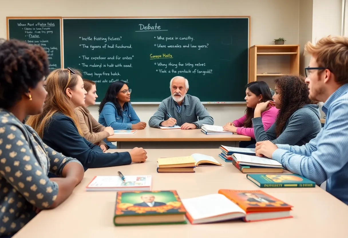 Students in a classroom discussing historical legacies.