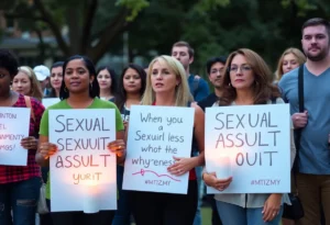 A gathering of community members holding candles for a vigil addressing sexual assault awareness.