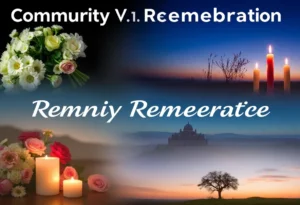 A serene representation of community remembrance elements including flowers and candles.