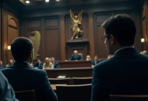 A courtroom with emotional tension symbolizing legal battles and controversy