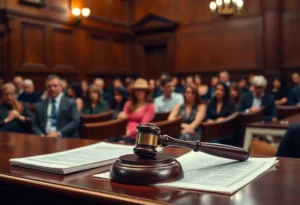 A courtroom filled with people during a high-profile murder trial