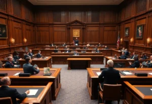 Courtroom scene related to a high-profile murder trial