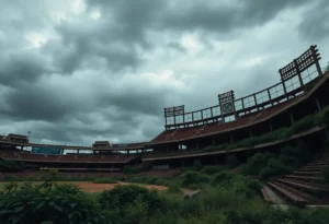 Abandoned Engel Stadium surrounded by overgrown vegetation