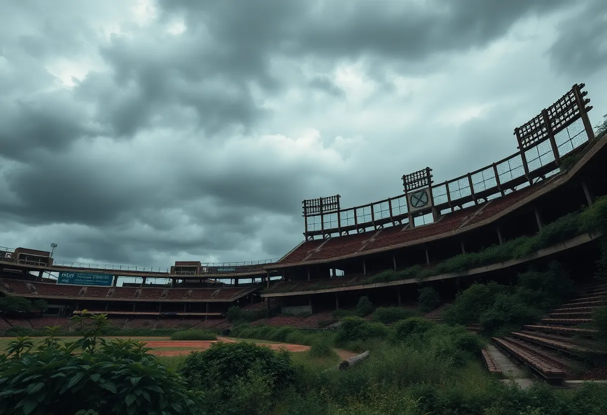 Abandoned Engel Stadium surrounded by overgrown vegetation