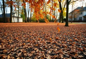 Dry leaves in a wooded neighborhood during fall